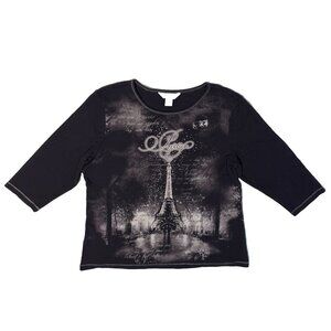 Christopher & Banks Vintage Y2K Paris Black Rhinestone Shirt - L Eifel Tower